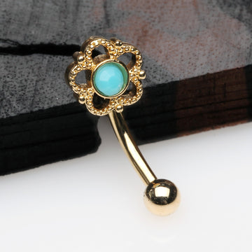 Detail View 1 of Golden Bali Turquoise Filigree Flower Curved Barbell